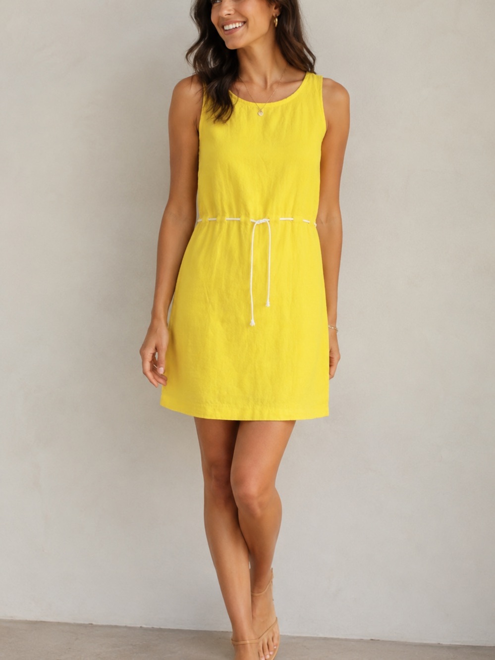 Tommy Hilfiger Yellow 100% Linen Sleeveless Drawstring Dress Size XS -Coastal